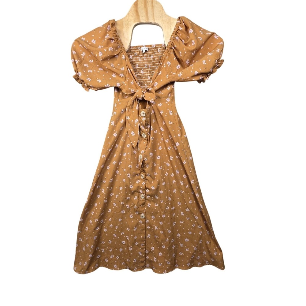 Crescent Dress Womens Small Yellow Floral Puff Sleeve Smocked Midi Sundress